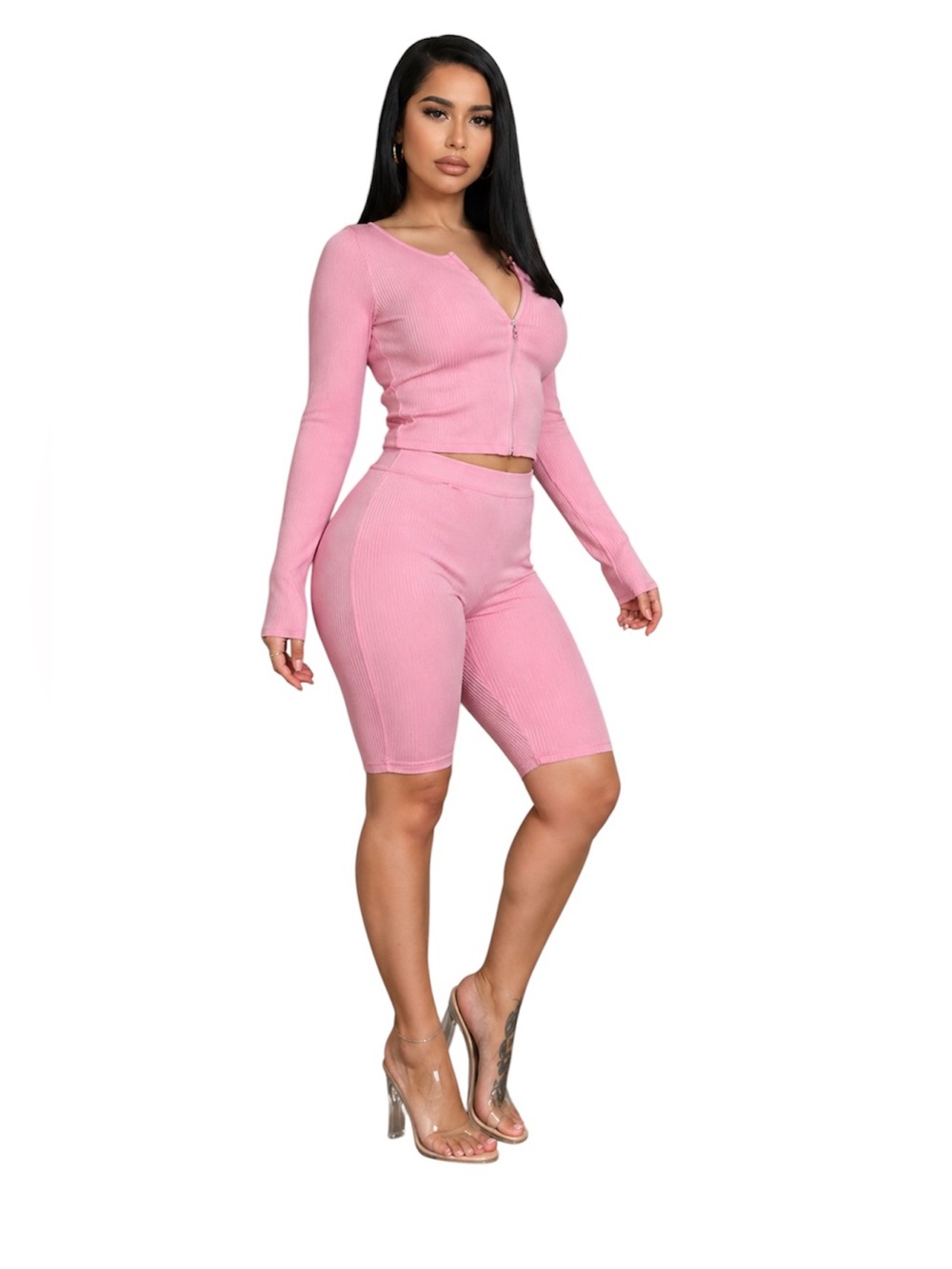 Pink Ribbed Two-Piece Zip Front Lounge Set - Picture 3 of 8